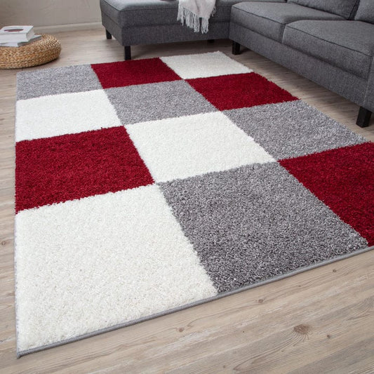 Grey with Ivory Diamond Pattern Shaggy Rug – Hand-Tufted Microfiber Carpet – Soft Feel & Anti-Skid Rubber Backing