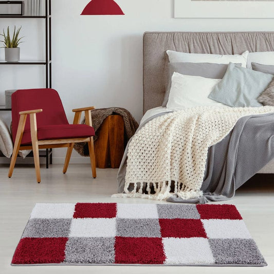 Grey with Ivory Diamond Pattern Shaggy Rug – Hand-Tufted Microfiber Carpet – Soft Feel & Anti-Skid Rubber Backing