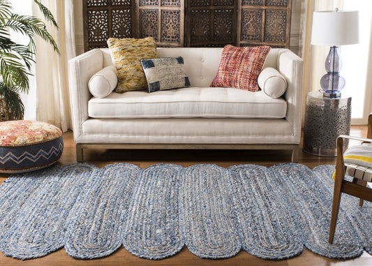 Natural Jute with Multicolor cotton Dye Scalloped Design Handmade Braided Farmhouse Rectangle Jute Area Rug.