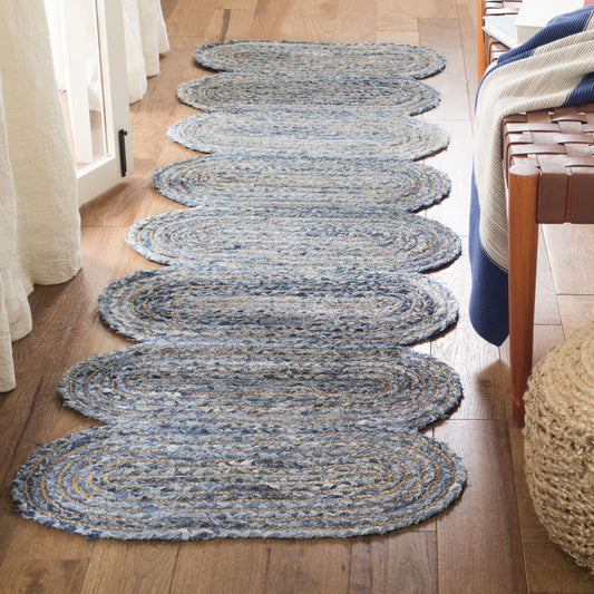 Natural Jute with Multicolor cotton Dye Scalloped Design Handmade Braided Farmhouse Rectangle Jute Area Rug.