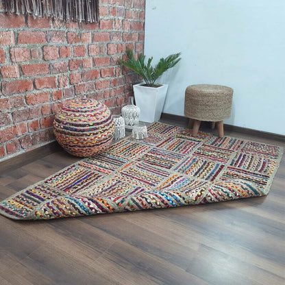 Handwoven Braided Natural Jute & Cotton Chindi premium design Rug – Multiple Sizes