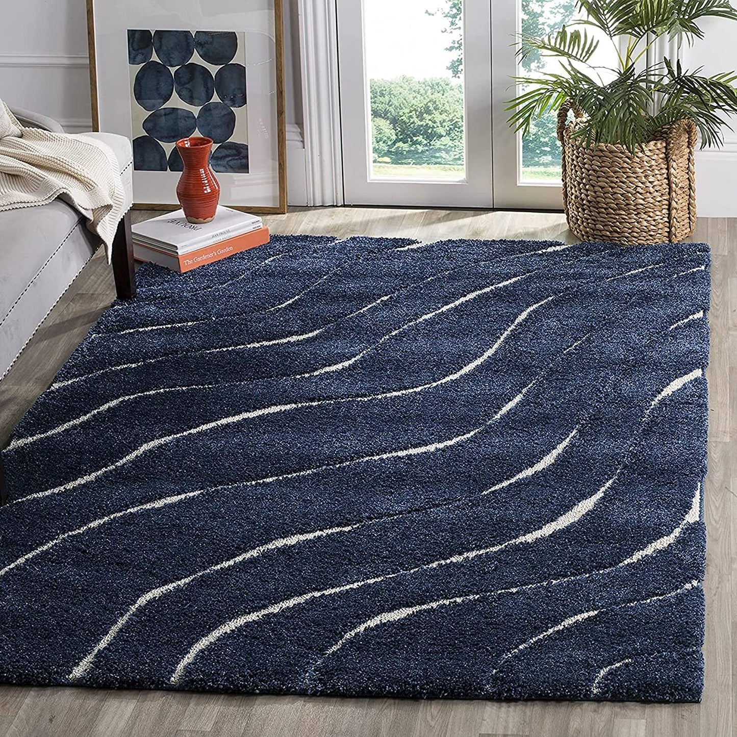 Navy Blue Waves Microfiber Carpet – Soft Feel with Anti-Skid Rubber Backing