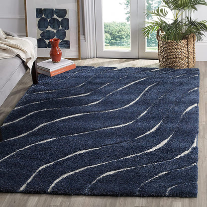 Navy Blue Waves Microfiber Carpet – Soft Feel with Anti-Skid Rubber Backing