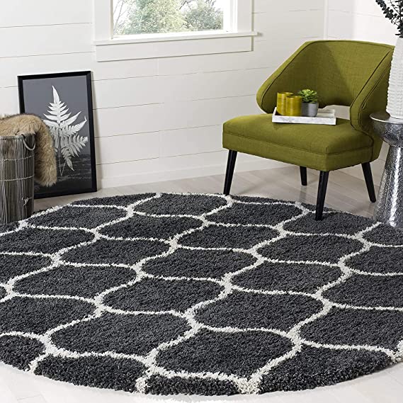 Luxury Hand-Tufted Diamond Shaggy Rug – Grey with Ivory – Soft Feel & Anti-Skid Rubber Backing