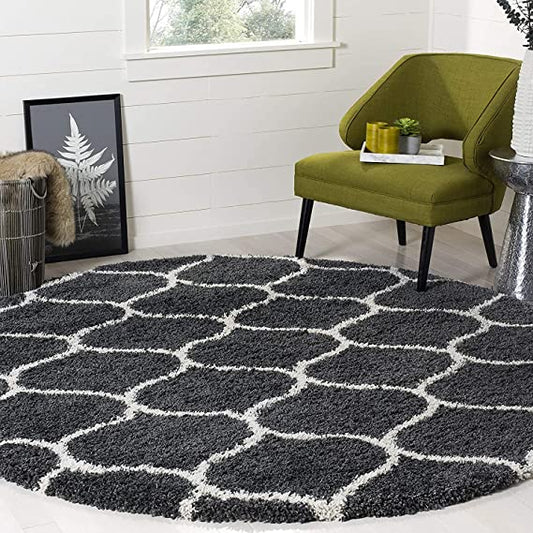 Luxury Hand-Tufted Diamond Shaggy Rug – Grey with Ivory – Soft Feel & Anti-Skid Rubber Backing