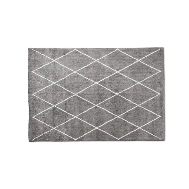 Premium Grey & Ivory Diamond Pattern Shaggy Microfiber Rug – Hand-Tufted – Soft Touch & Anti-Skid Base