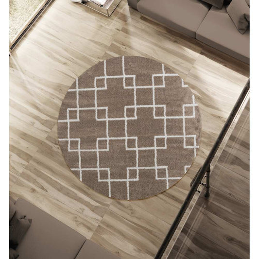 Extra Soft Beige with White Line Microfiber Round Carpet – Soft Feel & Anti-Skid Rubber Backing