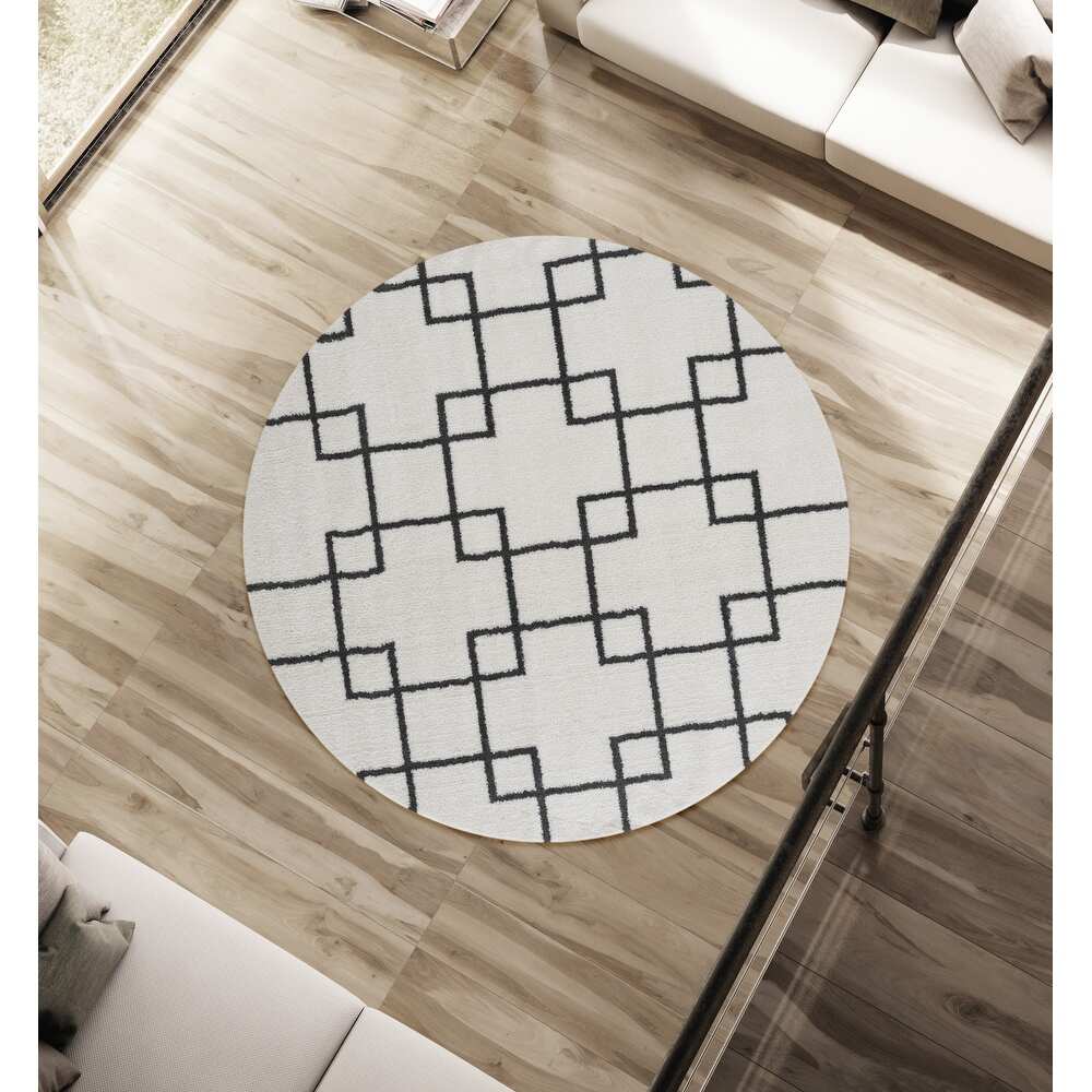 Ivory Round Carpet with Black Geometric Line Design – Soft Feel with Anti-Skid Rubber Backing