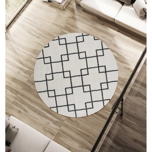 Ivory Round Carpet with Black Geometric Line Design – Soft Feel with Anti-Skid Rubber Backing