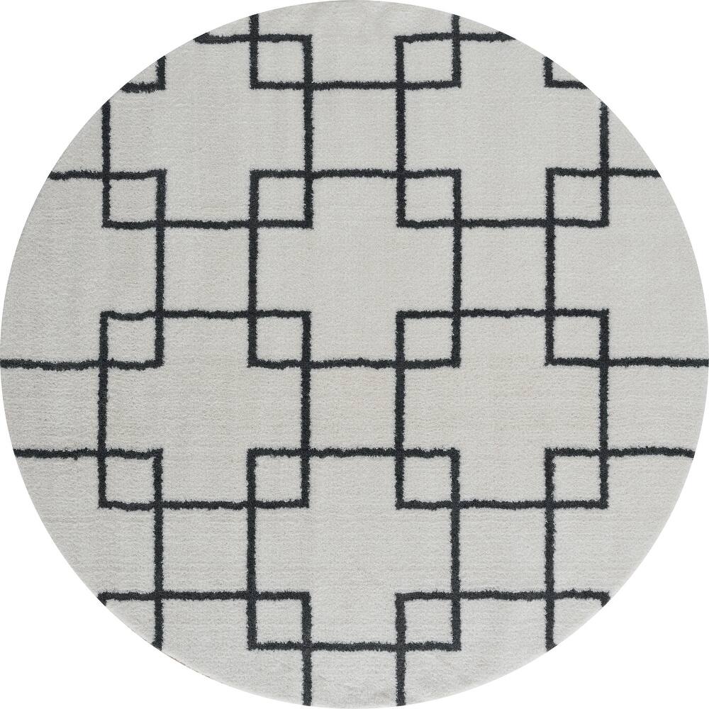 Ivory Round Carpet with Black Geometric Line Design – Soft Feel with Anti-Skid Rubber Backing