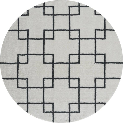 Ivory Round Carpet with Black Geometric Line Design – Soft Feel with Anti-Skid Rubber Backing