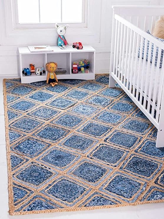 Rugsmore Rugs -Braided Natural Jute Denim Diamond Design Area carpet.