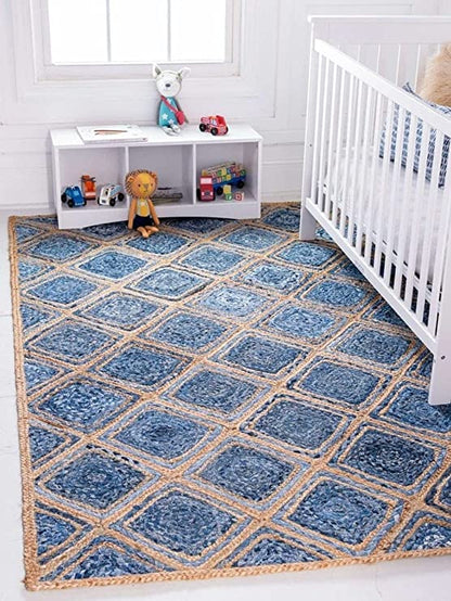 Rugsmore Rugs -Braided Natural Jute Denim Diamond Design Area carpet.