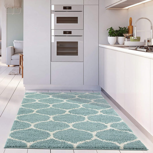Luxury Micro Aqua and Ivory Moroccan Design Carpet – Soft Feel & Anti-Skid Rubber Backing