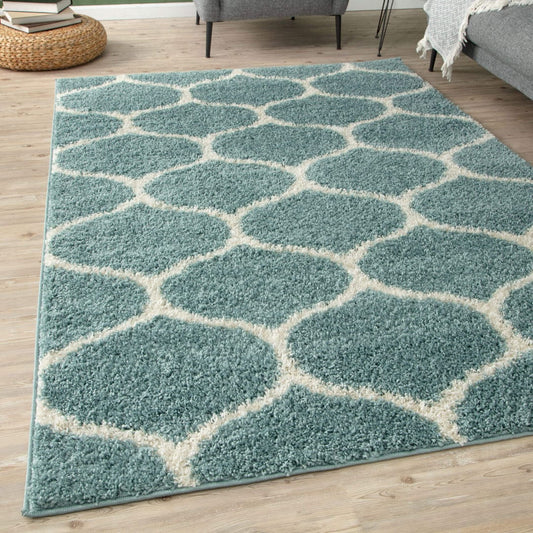 Luxury Micro Aqua and Ivory Moroccan Design Carpet – Soft Feel & Anti-Skid Rubber Backing