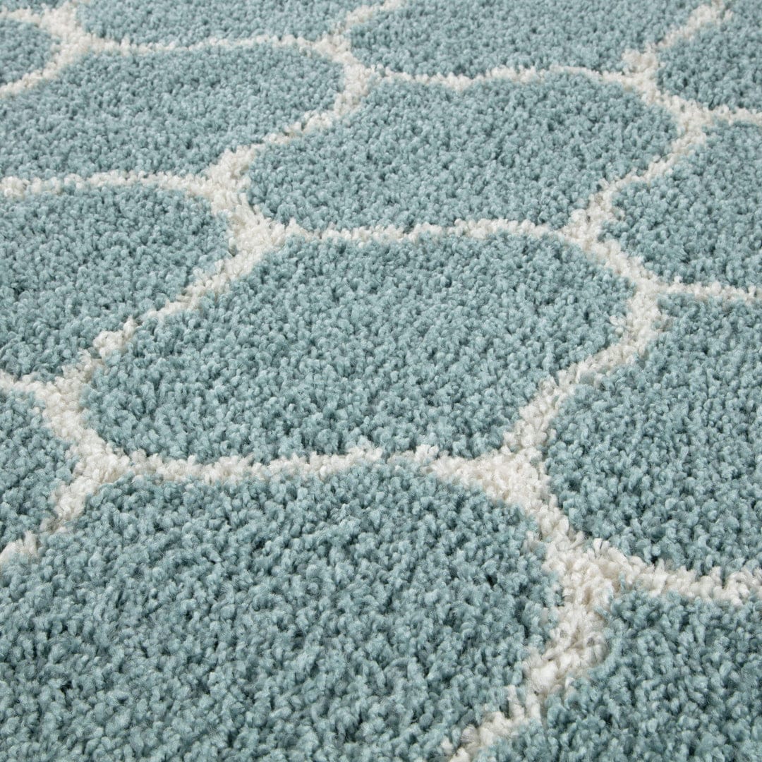 Luxury Micro Aqua and Ivory Moroccan Design Carpet – Soft Feel & Anti-Skid Rubber Backing