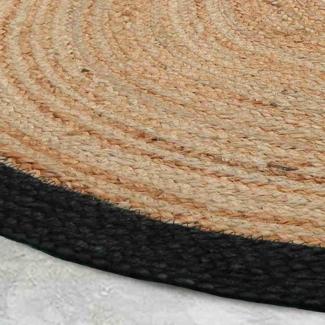 Natural Jute Round Braided Area Rug with Black Border