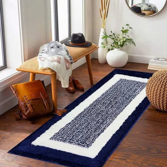 Low Cut Pile Blue & White Premium Microfiber Bedside Runner – Soft Feel with Anti-Skid Rubber Backing
