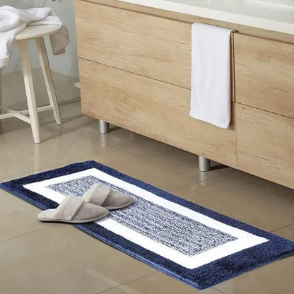 Low Cut Pile Blue & White Premium Microfiber Bedside Runner – Soft Feel with Anti-Skid Rubber Backing