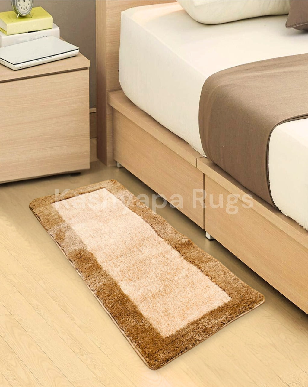 Ivory & Beige Bedside Runner – Soft Microfiber, Anti-Skid Rubber Backing