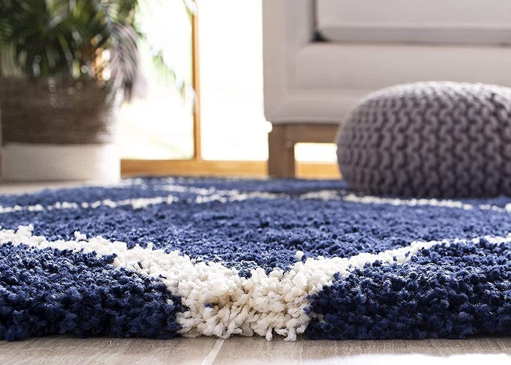 Blue & Ivory Moroccan Diamond Carpet – Soft Microfiber with Anti-Skid Rubber Backing