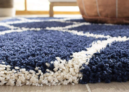 Elegant Cream & Blue Moroccan Lattice Rug – Soft Touch with Anti-Slip Rubber Backing