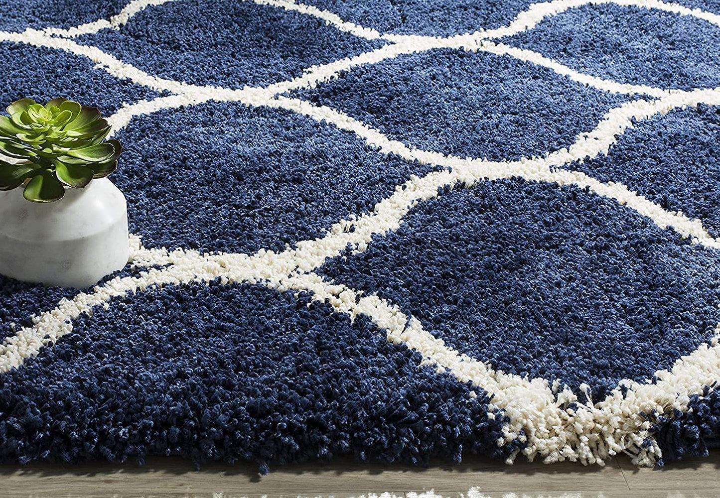 Elegant Cream & Blue Moroccan Lattice Rug – Soft Touch with Anti-Slip Rubber Backing