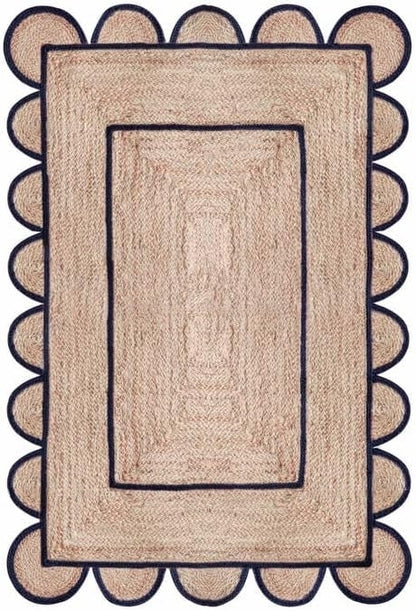 Natural Jute With Black Dye  Scalloped Design Handmade Braided Farmhouse Rectangle Jute Area Rug.