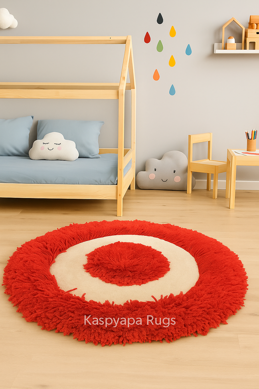 Premium Red and White Fluffy Round Carpet – Soft Touch & Anti-Skid Base