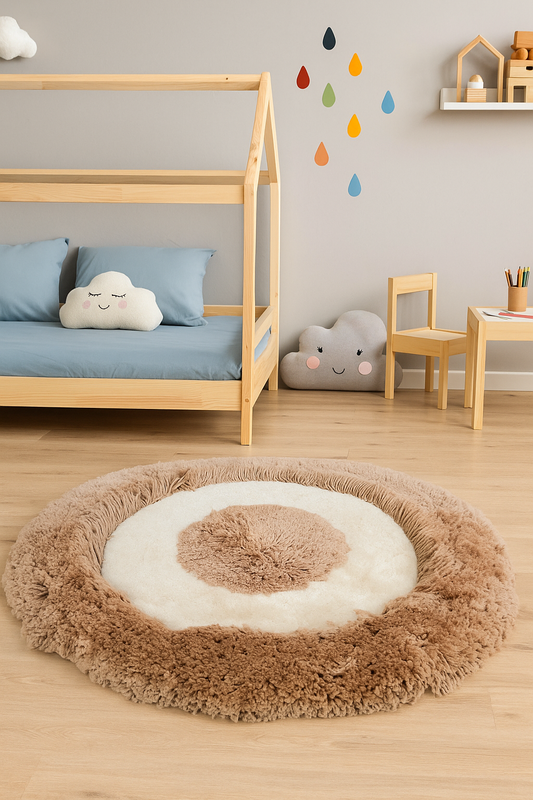 Premium Ivory and Beige Fluffy Round Carpet – Soft Touch & Anti-Skid Base