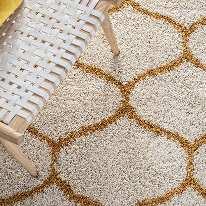 Premium Mustard-Ivory Moroccan Style Shaggy Rug – Plush Soft Touch, Non-Slip Rubber Base