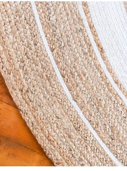 Natural & White Double Border Oval Shaped Jute Area Rug .