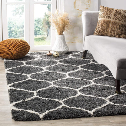 Premium Dark Grey and Ivory Moroccan Pattern Microfiber Rug – Plush Comfort, Non-Slip Base